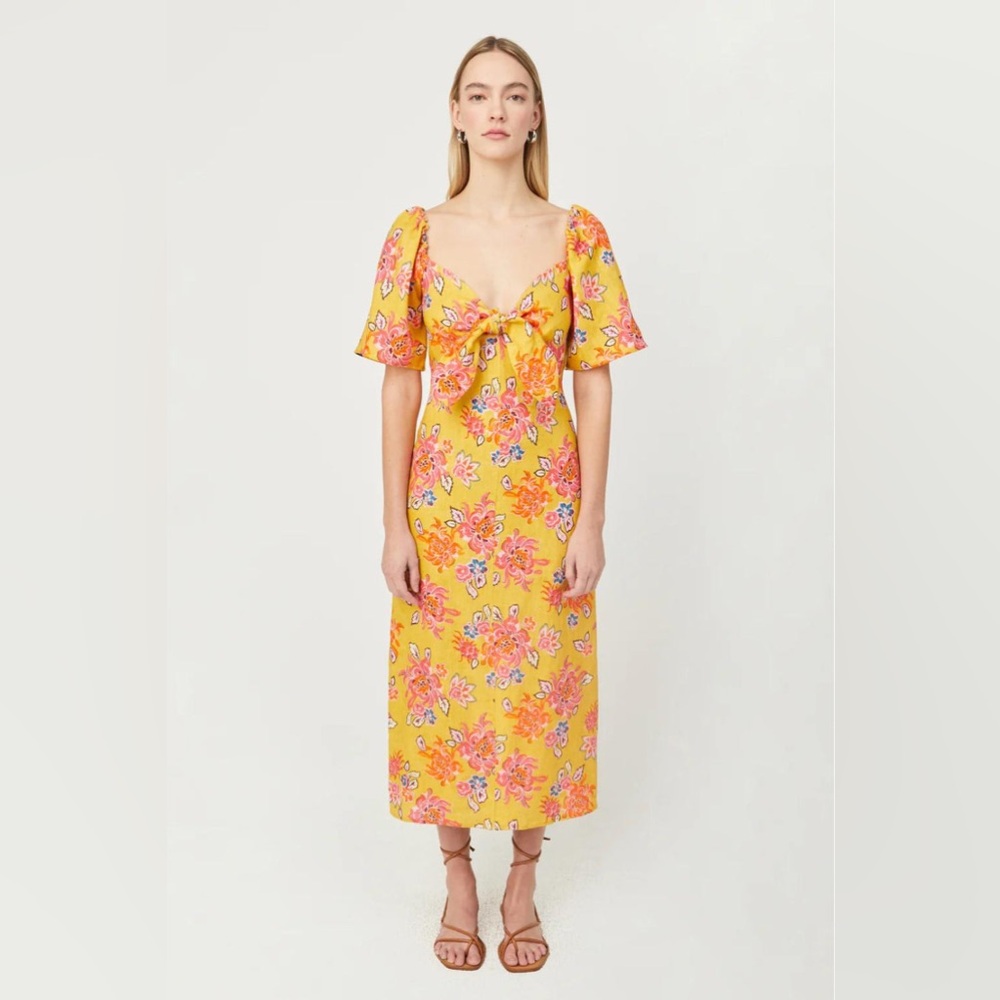 RHODE Yellow Floral Midi Dress with Pink Accents